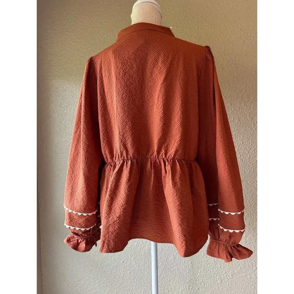 NWT Jodifl XL Rust Textured Peplum Blouse Scallop Trim Puff Sleeve Top - Picture 4 of 9
